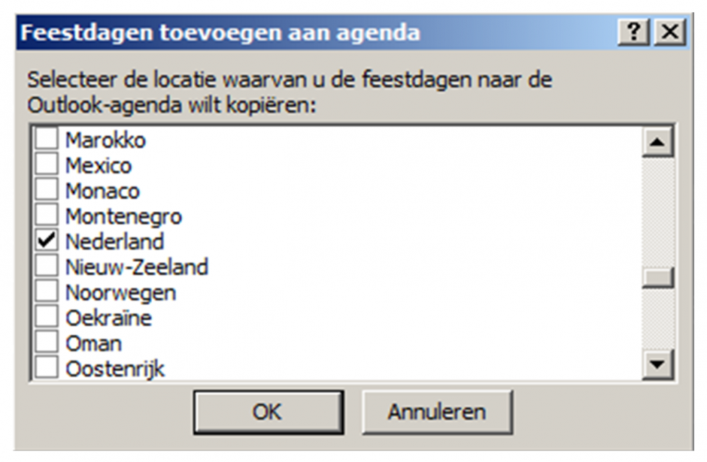 Feestdagen toevoegen in Outlook 2007