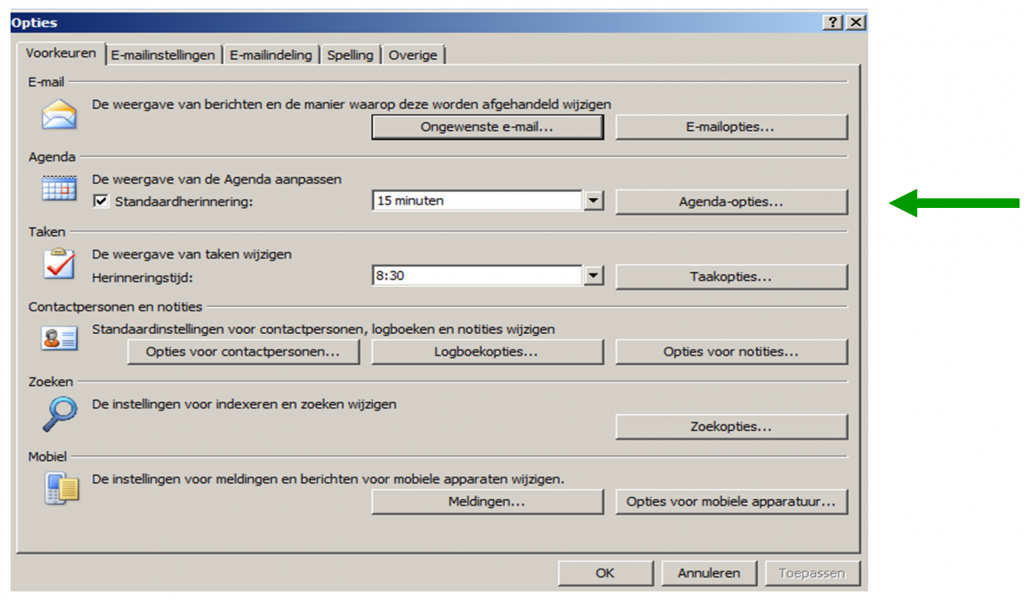 8 Feestdagen toevoegen in Outlook 2007_Agenda-opties